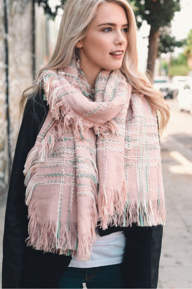 Frayed Tartan Plaid Scarf Scarves Leto Collection Pink  