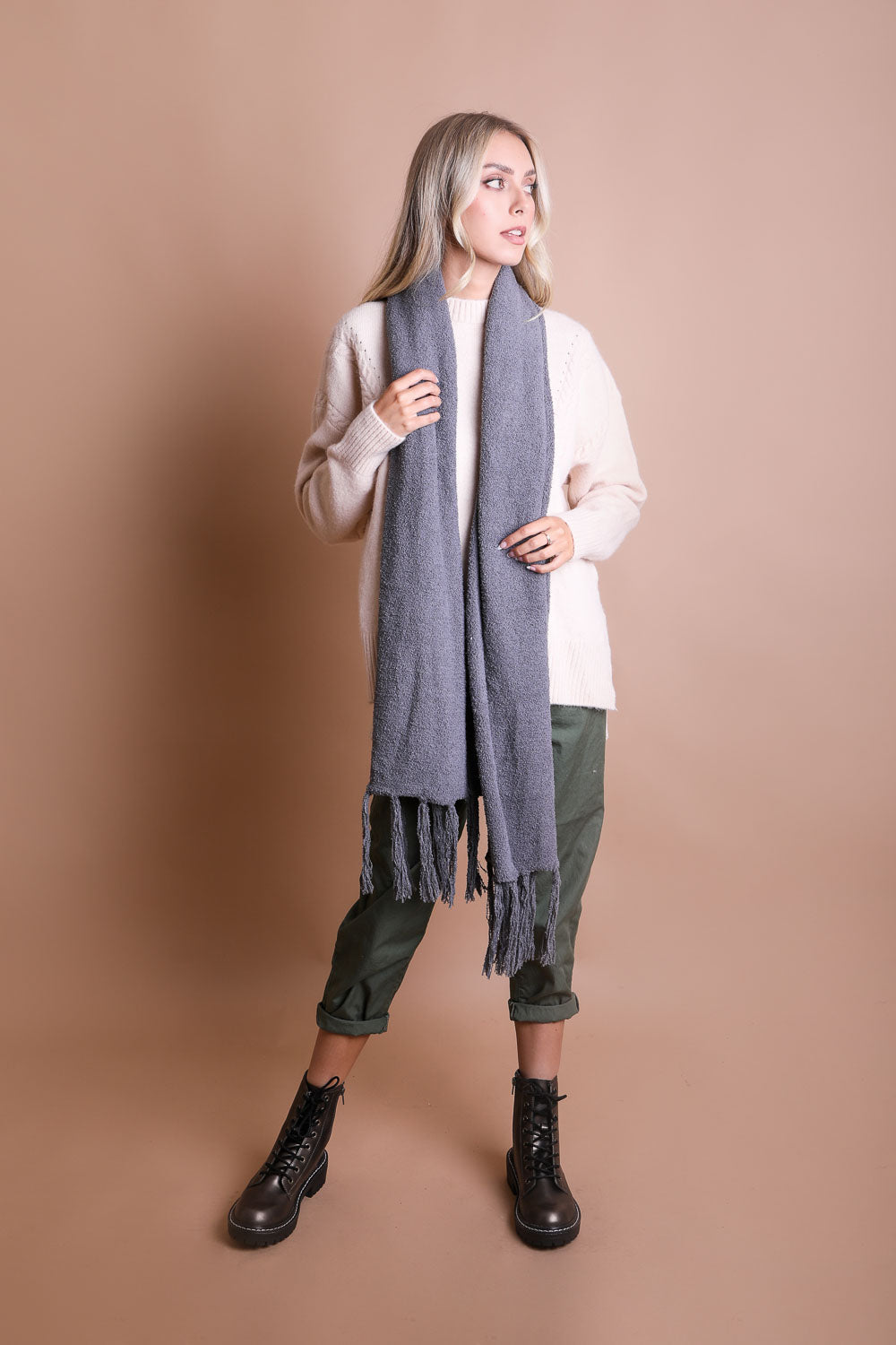 Ultra-Soft Boucle Tassel Scarf Scarves Leto Collection Gray  