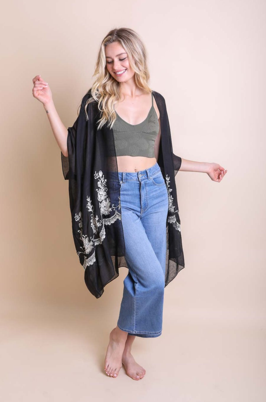 Chic Embroidered Kimono – Sophisticated Floral Design - NeoKira Unlimited