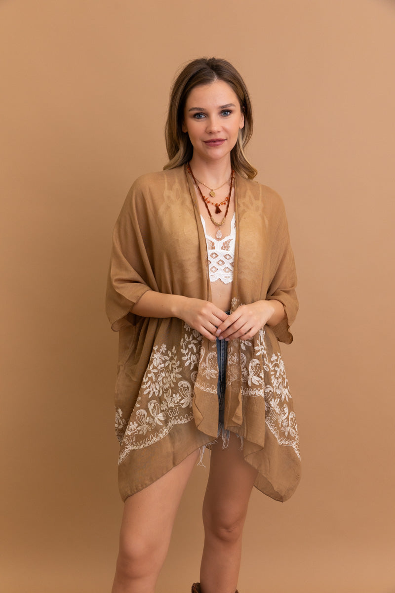 Enchanted Bloom Embroidered Kimono Kimono Leto Collection Mocha  