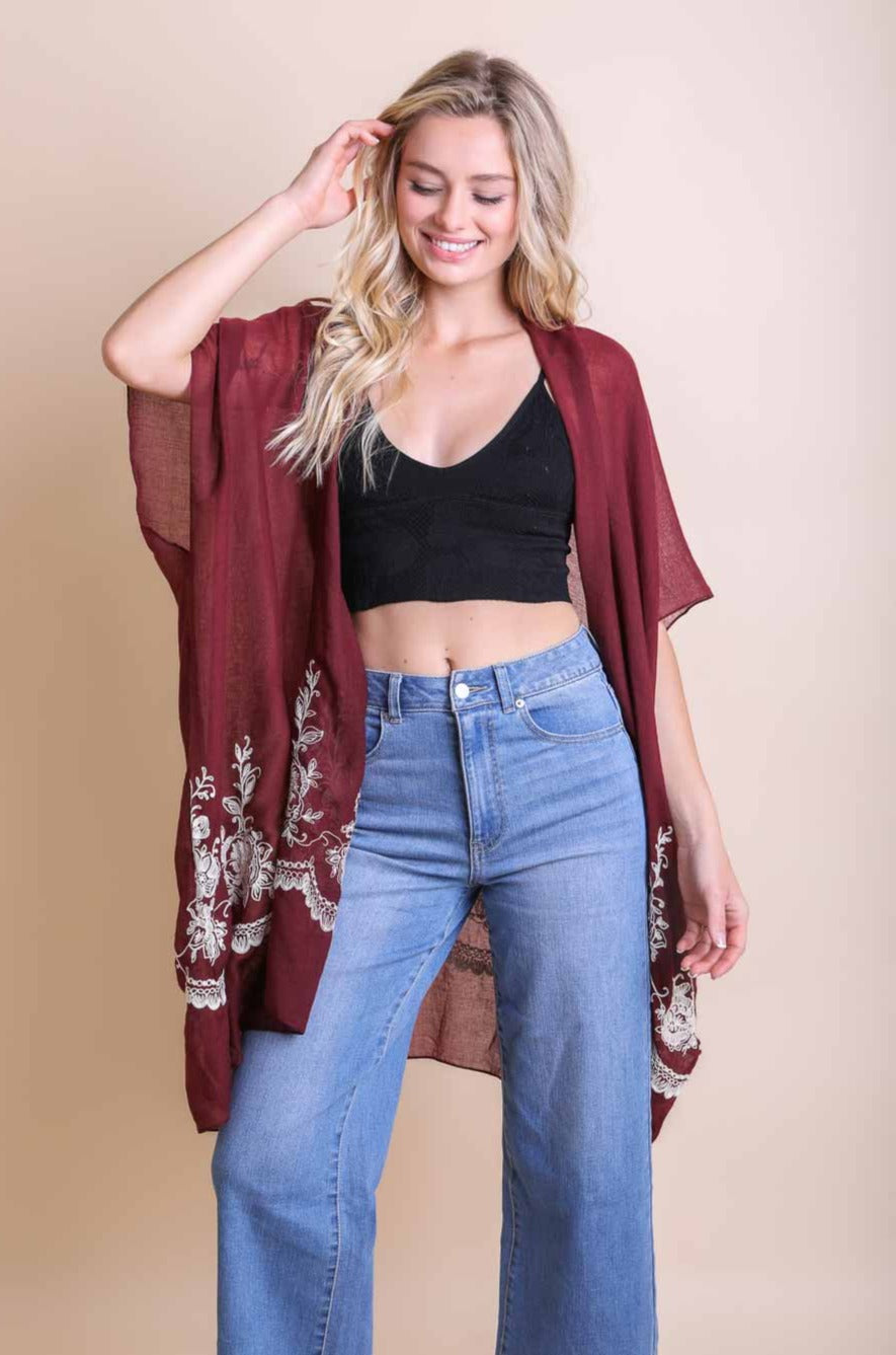 Chic Embroidered Kimono – Sophisticated Floral Design - NeoKira Unlimited