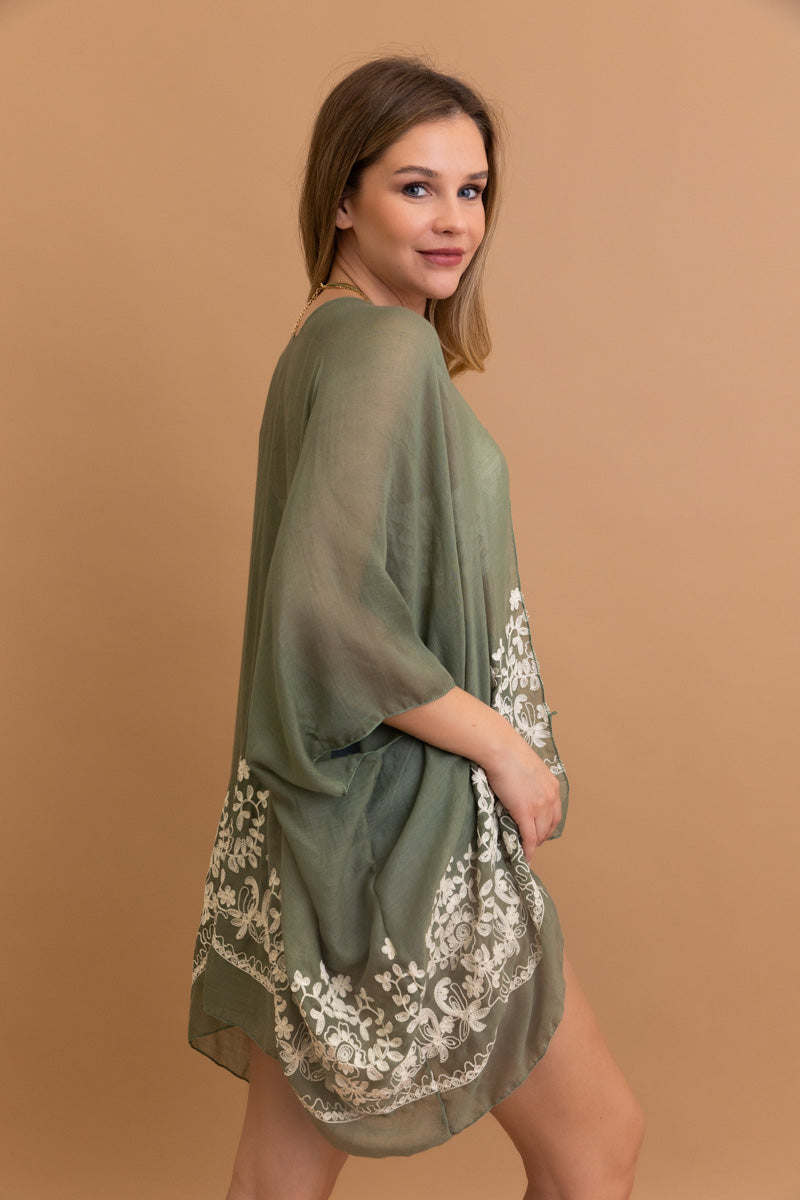 Enchanted Bloom Embroidered Kimono Kimono Leto Collection Sage  