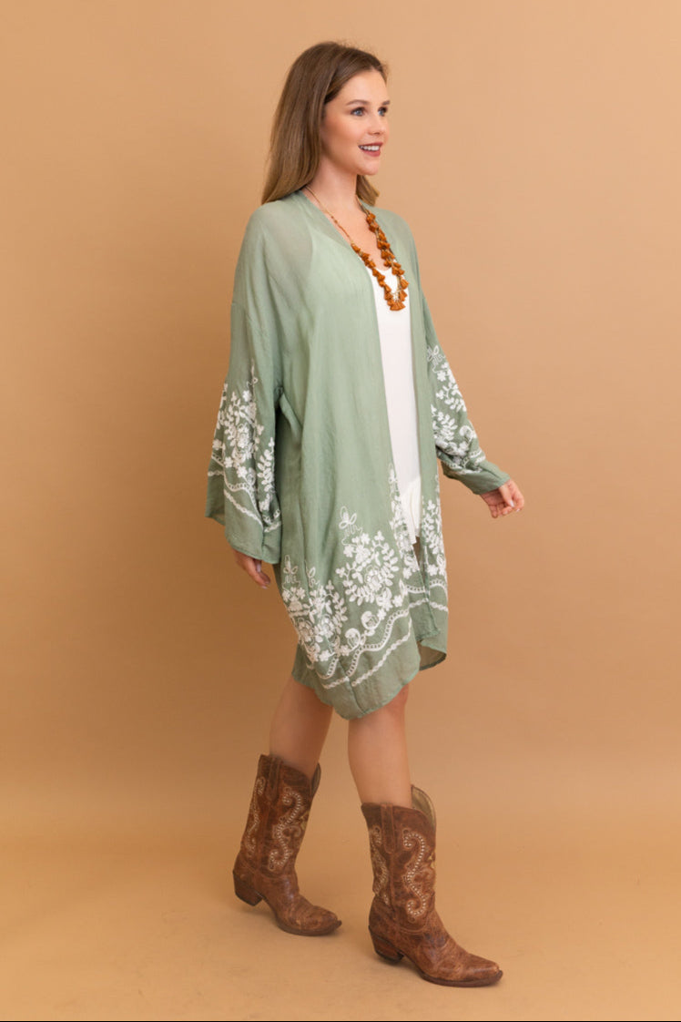 Embroidered Floral Vine Kimono – Elegant and Lightweight - NeoKira Unlimited