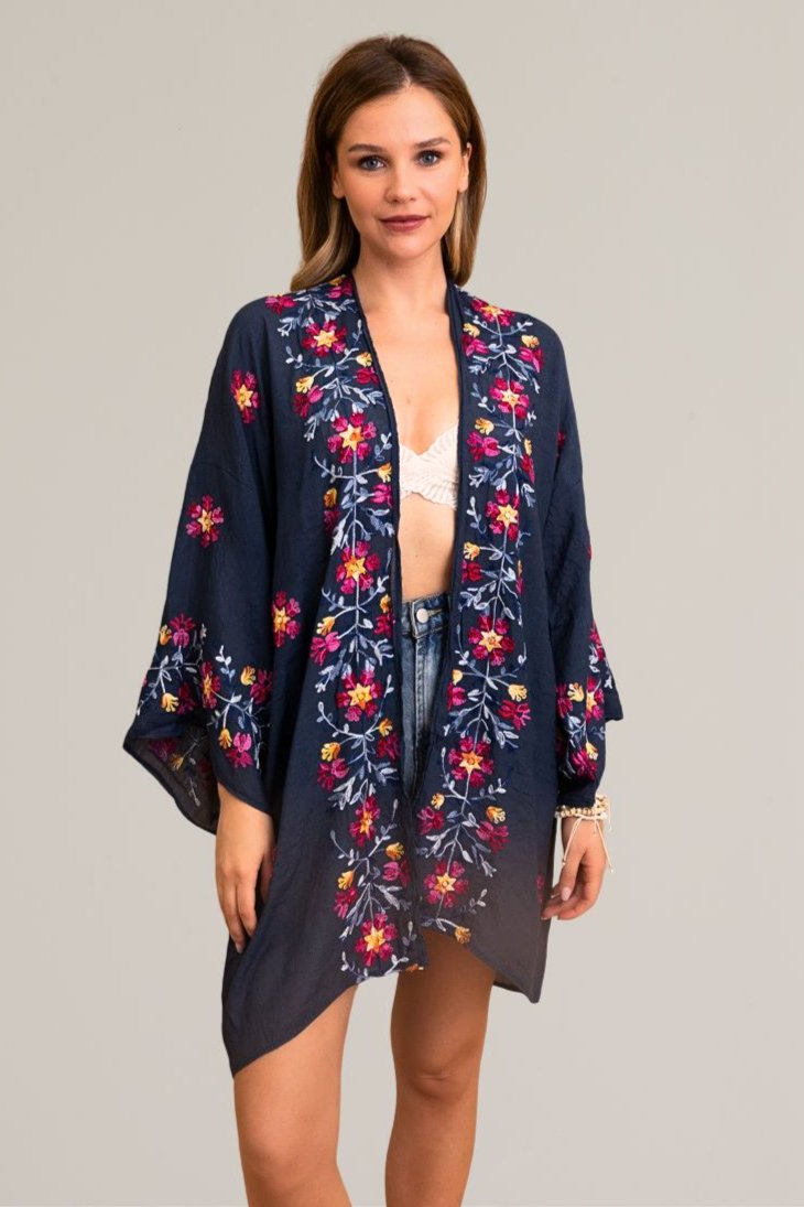 Ethereal Anemone Kimono – Elegant Floral Embroidery - NeoKira Unlimited