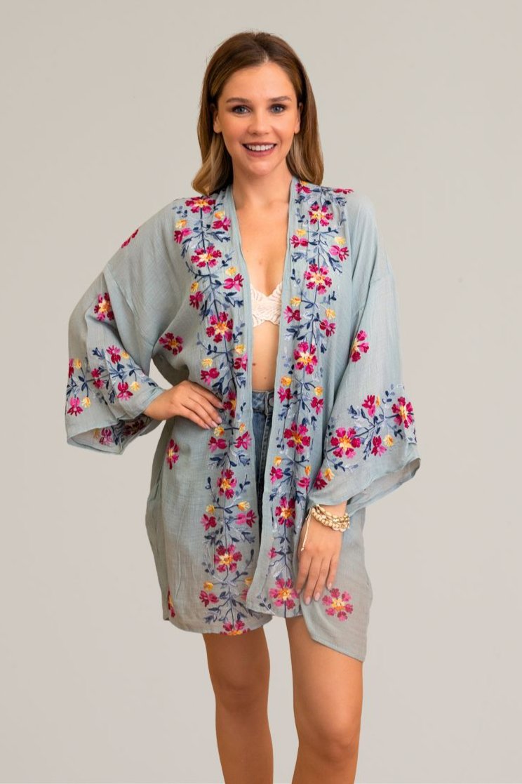 Ethereal Anemone Kimono – Elegant Floral Embroidery - NeoKira Unlimited