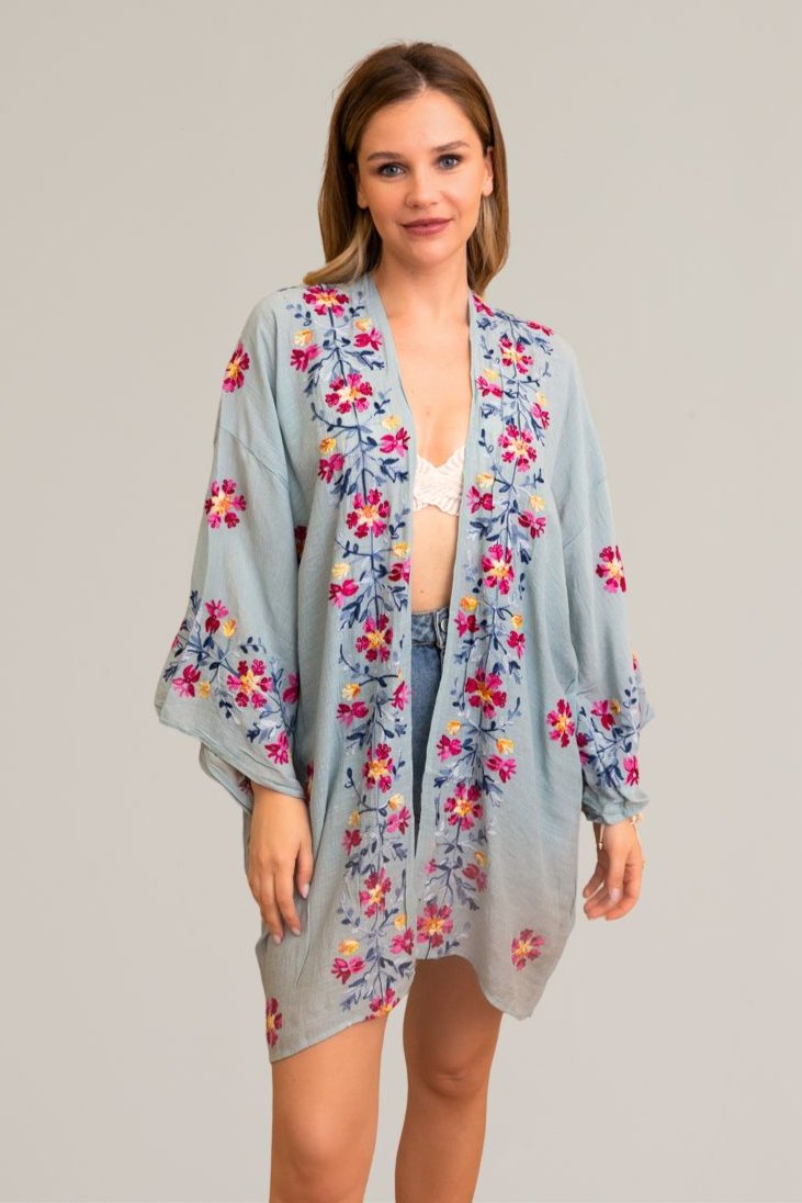 Ethereal Anemone Kimono – Elegant Floral Embroidery - NeoKira Unlimited