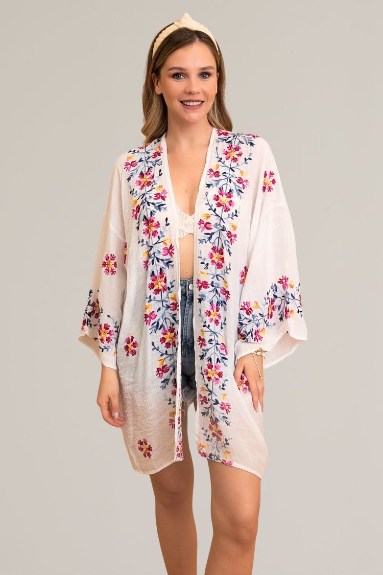 Ethereal Anemone Kimono – Elegant Floral Embroidery - NeoKira Unlimited
