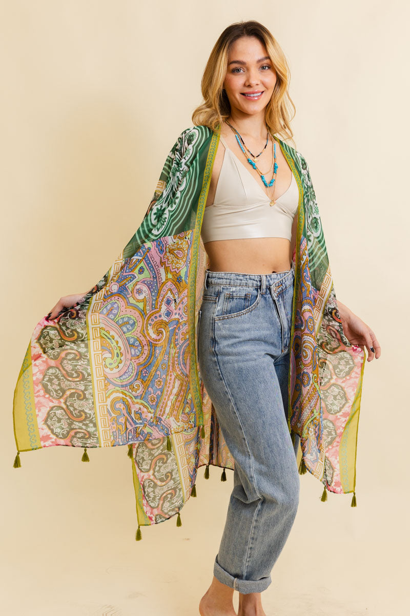 Free Spirit Cinched Sleeve Paisley Kimono Kimono Leto Collection One Size Lime 