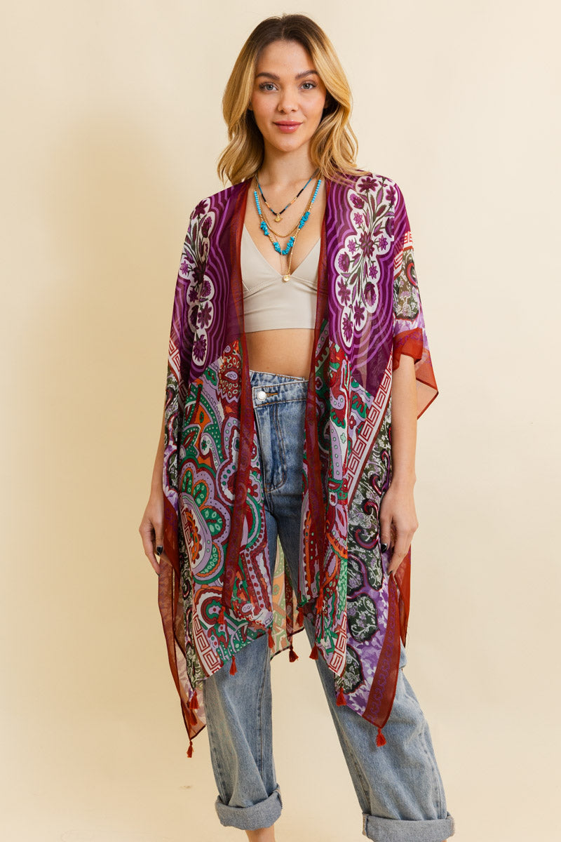 Free Spirit Cinched Sleeve Paisley Kimono Kimono Leto Collection One Size Maroon 