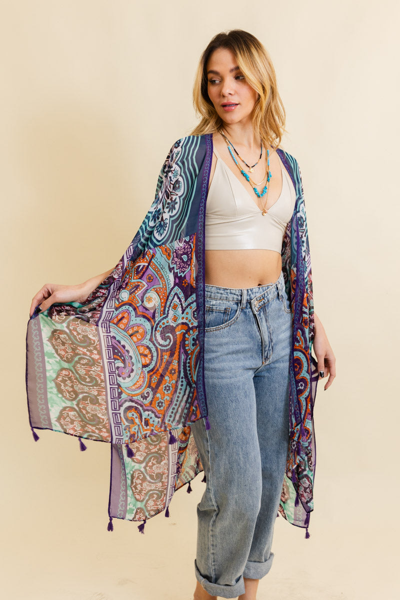 Free Spirit Cinched Sleeve Paisley Kimono - NeoKira Unlimited