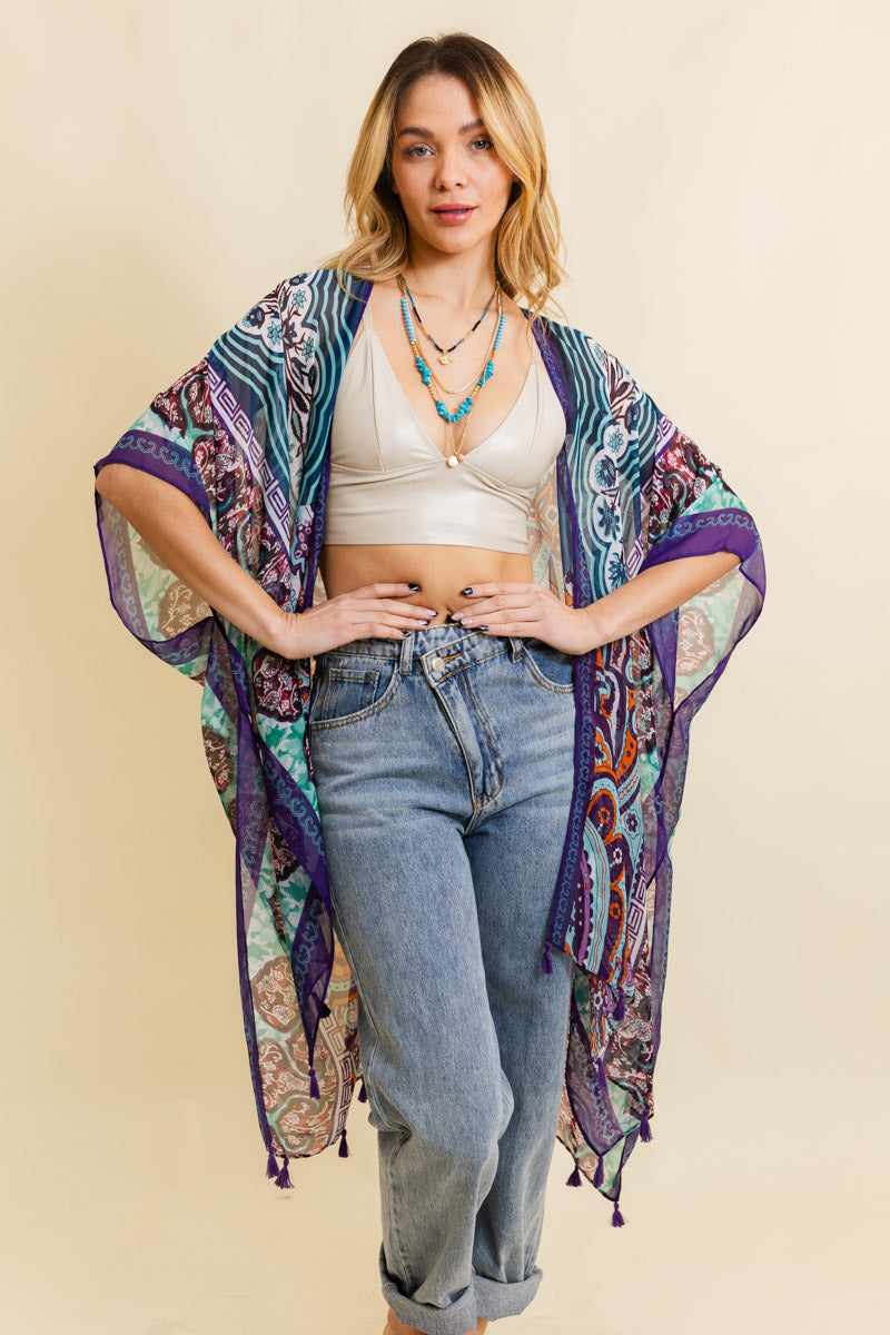 Free Spirit Cinched Sleeve Paisley Kimono Kimono Leto Collection One Size Teal 