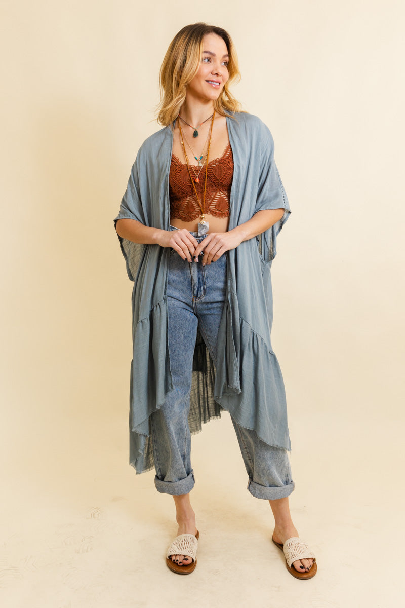 Solid Ruffle Edge Bohemian Kimono Kimono Leto Collection One Size Blue Gray 