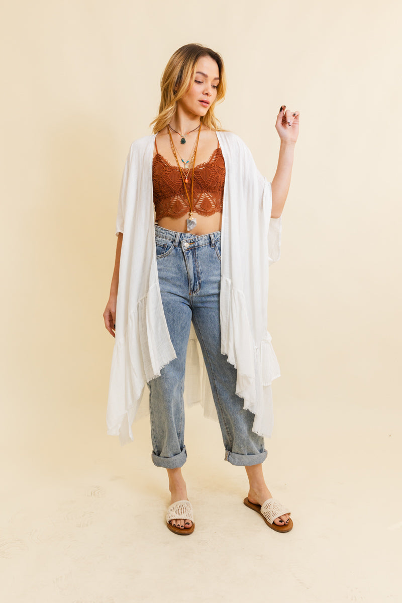 Solid Ruffle Edge Bohemian Kimono Kimono Leto Collection One Size Ivory 