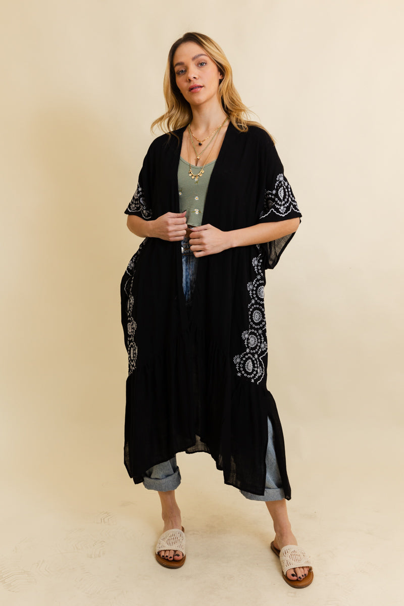 Boho Tribal Embroidered Longline Kimono Kimono Leto Collection One Size Black 