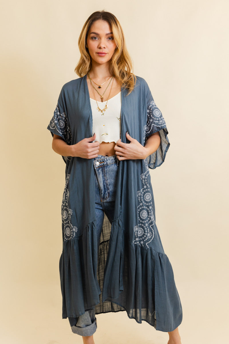 Boho Tribal Embroidered Longline Kimono Kimono Leto Collection One Size Gray Blue 