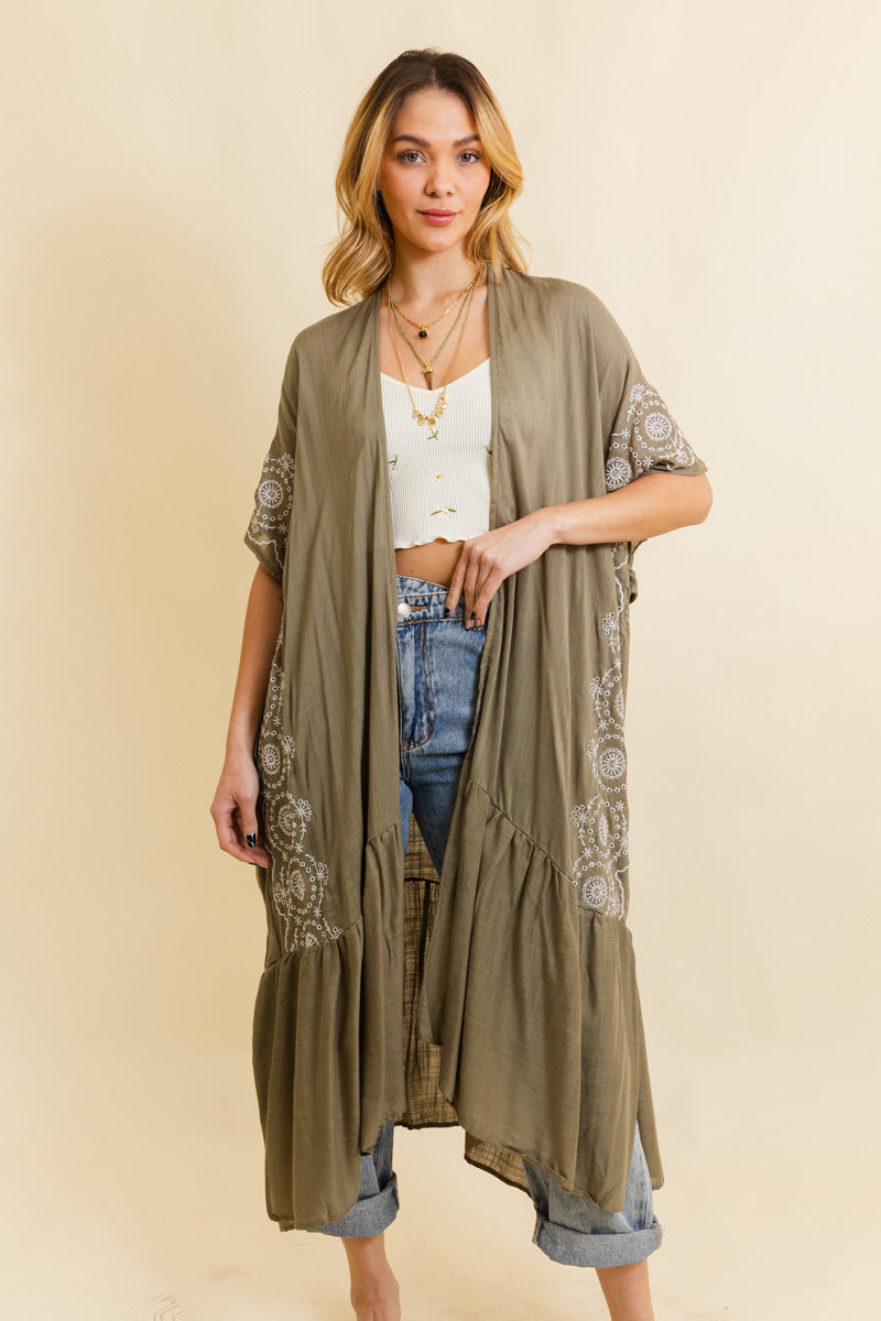 Boho Tribal Embroidered Longline Kimono Kimono Leto Collection One Size Olive 