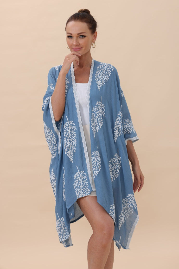 Botanical Leaf Embroidered Kimono - NeoKira Unlimited
