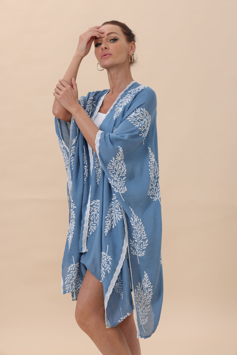Botanical Leaf Embroidered Kimono - NeoKira Unlimited