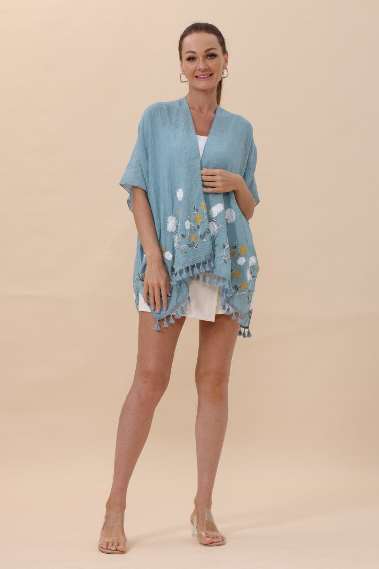 Floral Embroidered Tassel Hem Kimono Cardigan - NeoKira Unlimited