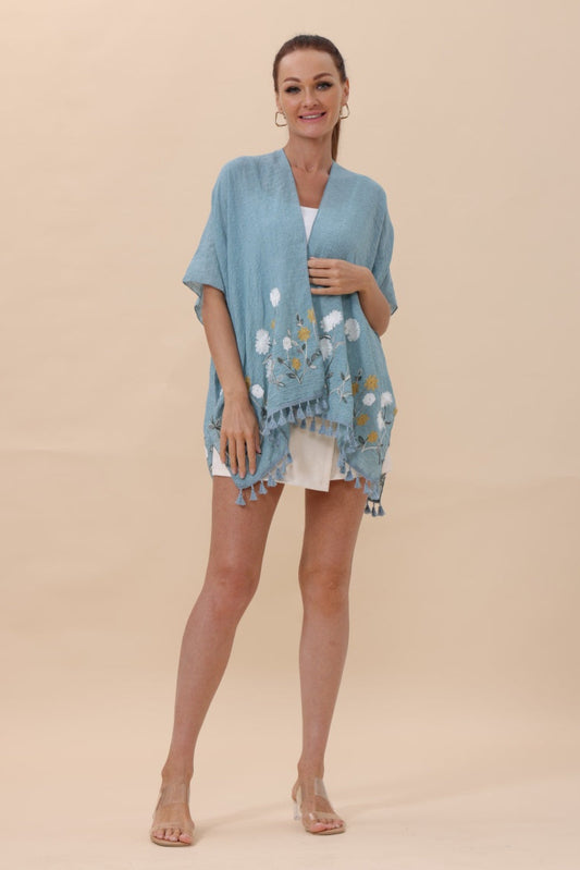 Floral Embroidered Tassel Hem Kimono Cardigan - NeoKira Unlimited