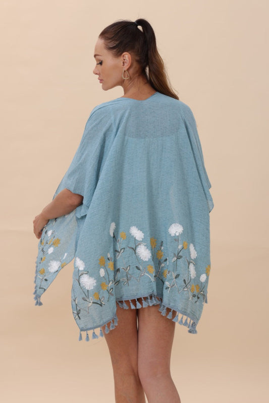 Floral Embroidered Tassel Hem Kimono Cardigan - NeoKira Unlimited