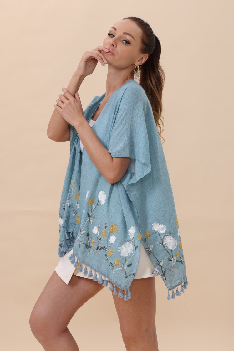 Floral Embroidered Tassel Hem Kimono Cardigan - NeoKira Unlimited