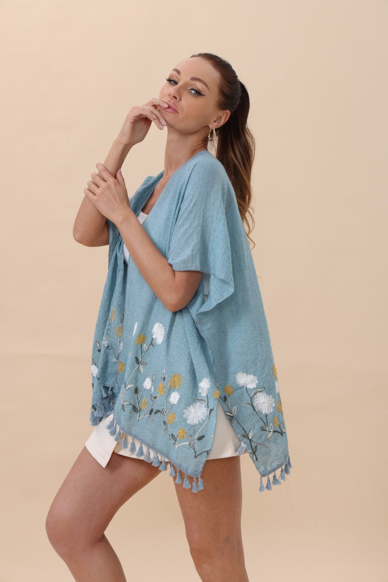 Floral Embroidered Tassel Hem Kimono Cardigan - NeoKira Unlimited