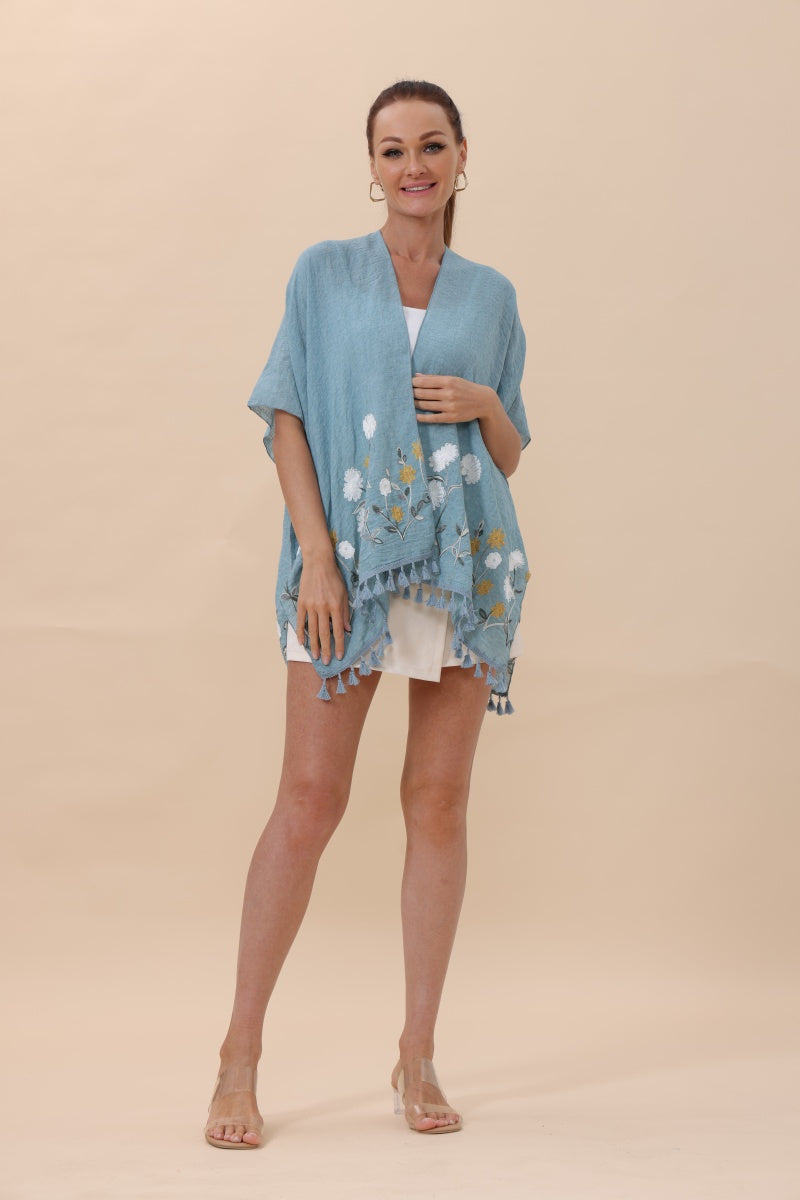 Floral Embroidered Tassel Hem Kimono Cardigan - NeoKira Unlimited