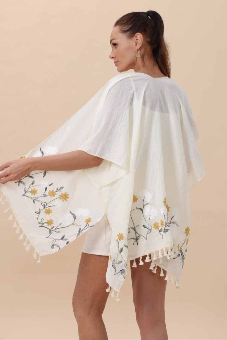 Floral Embroidered Tassel Hem Kimono Cardigan - NeoKira Unlimited