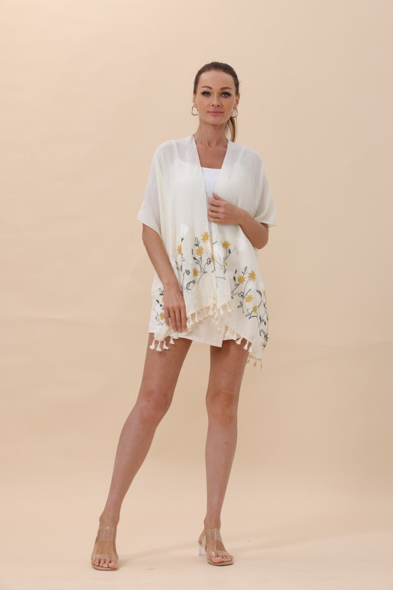 Floral Embroidered Tassel Hem Kimono Cardigan - NeoKira Unlimited