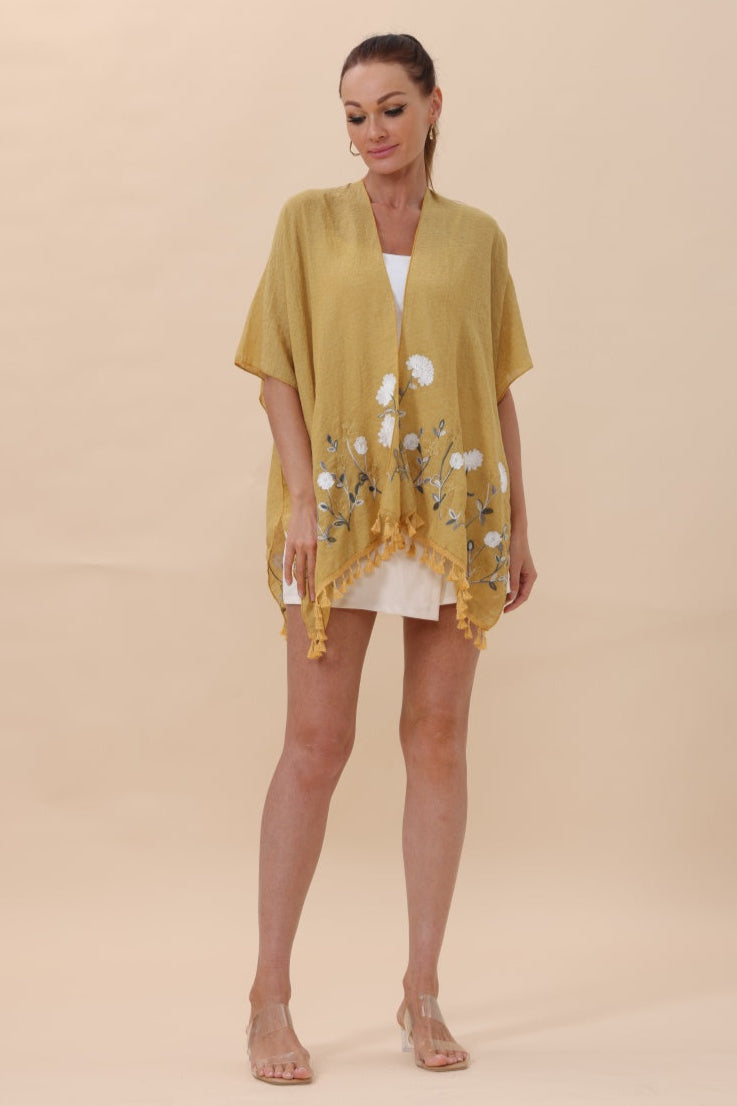 Floral Embroidered Tassel Hem Kimono Cardigan - NeoKira Unlimited