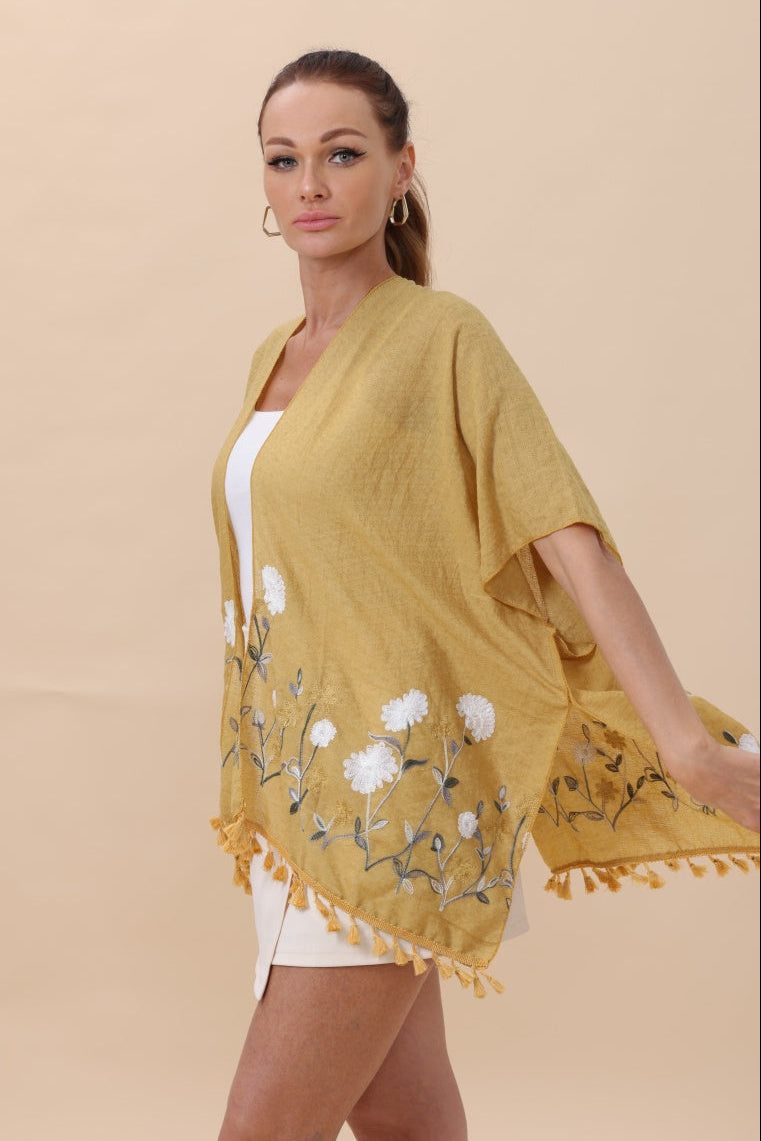 Floral Embroidered Tassel Hem Kimono Cardigan - NeoKira Unlimited