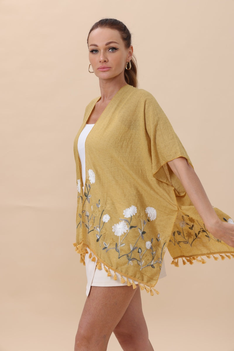 Floral Embroidered Tassel Hem Kimono Cardigan - NeoKira Unlimited