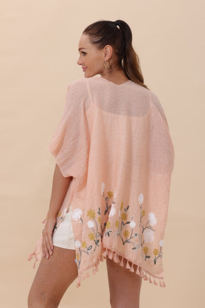 Floral Embroidered Tassel Hem Kimono - NeoKira Unlimited