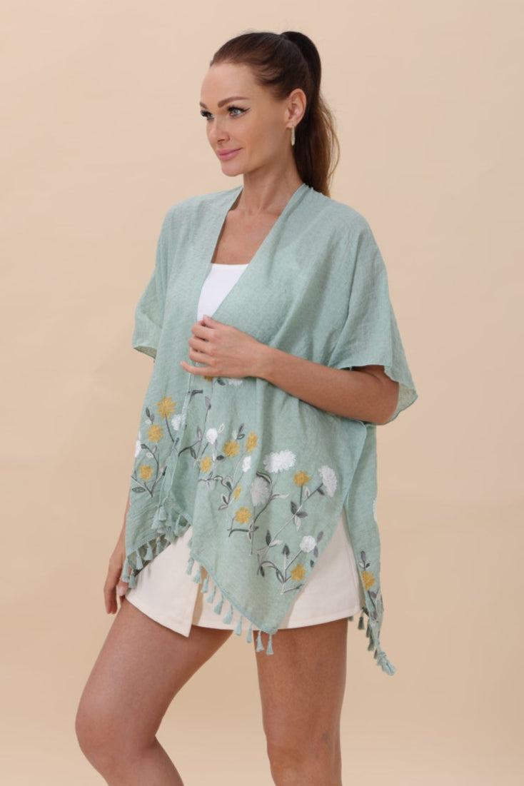 Floral Embroidered Tassel Hem Kimono Cardigan - NeoKira Unlimited