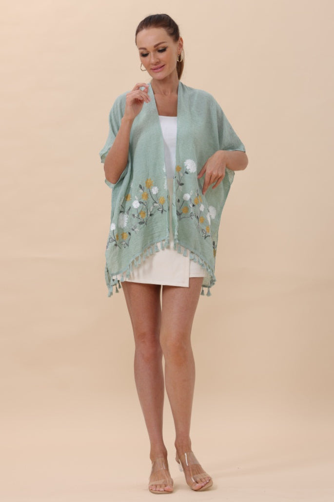 Floral Embroidered Tassel Hem Kimono Cardigan - NeoKira Unlimited