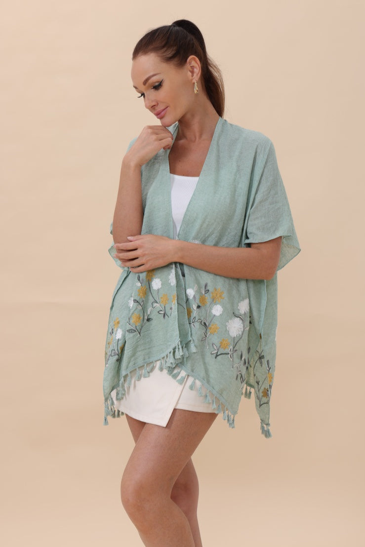 Floral Embroidered Tassel Hem Kimono Cardigan - NeoKira Unlimited