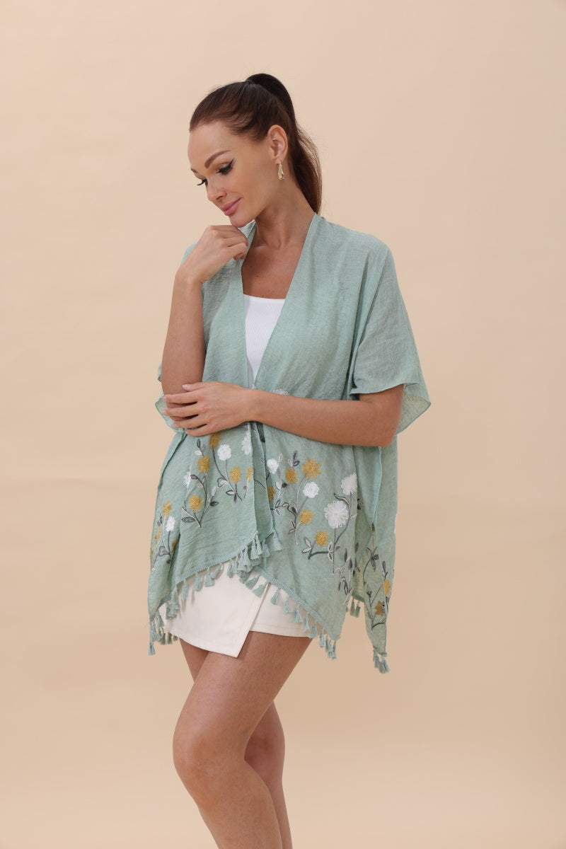 Floral Embroidered Tassel Hem Kimono Cardigan - NeoKira Unlimited