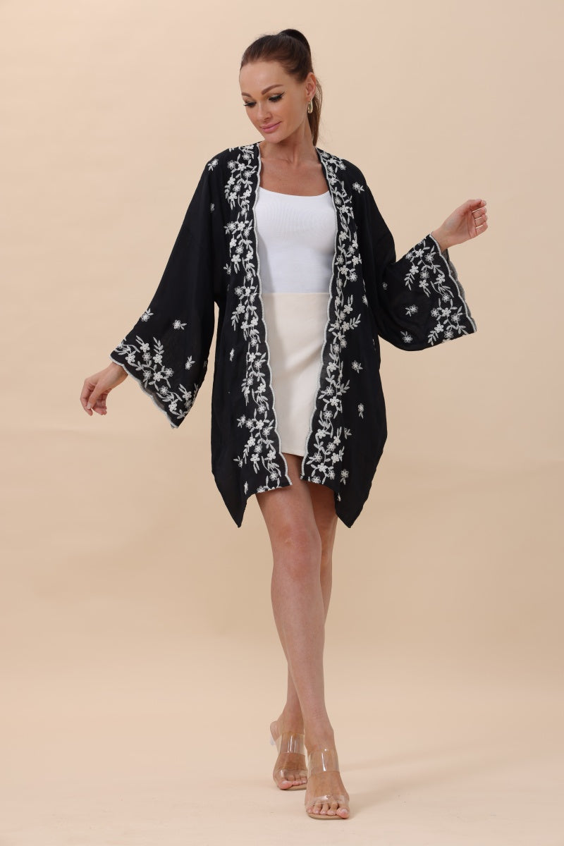 Floral Embroidered Open Front Kimono Cardigan – Lightweight - NeoKira Unlimited