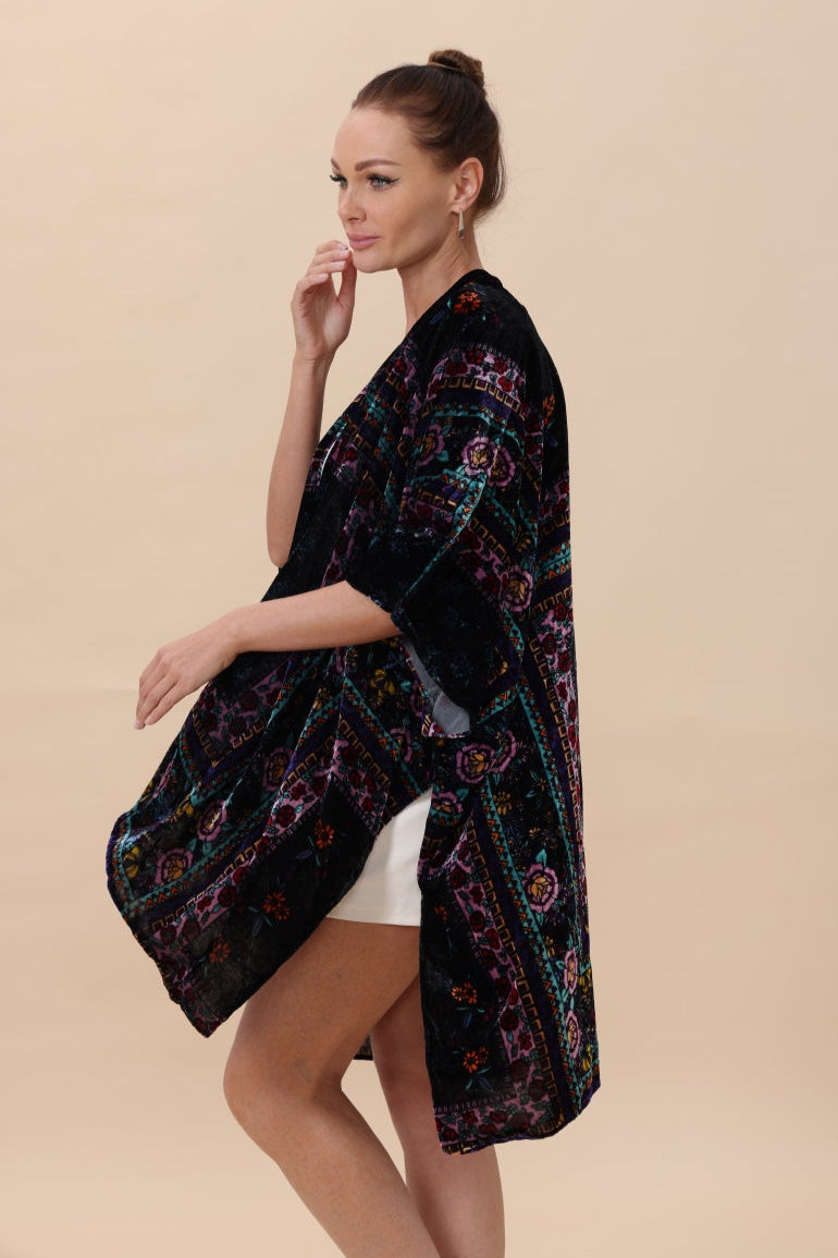 Floral-Stripe Velvet Kimono – Luxe Textures & Modern Tradition - NeoKira Unlimited