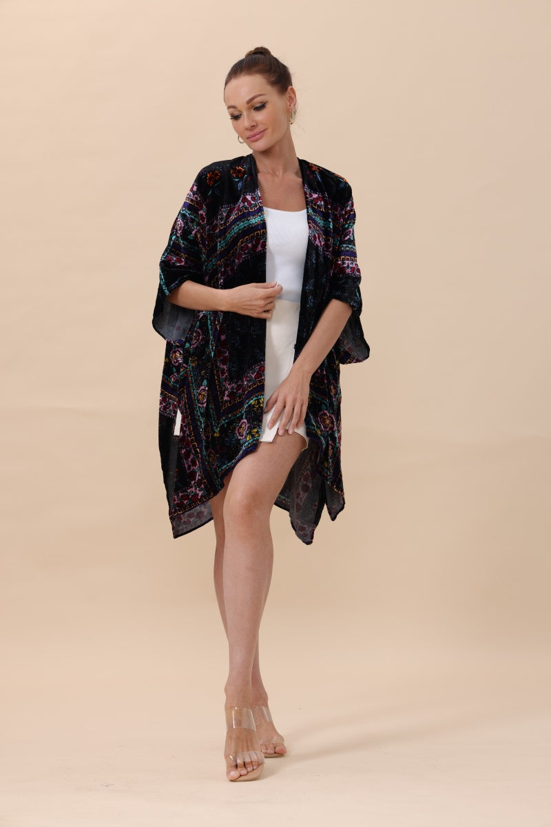 Floral-Stripe Velvet Kimono – Luxe Textures & Modern Tradition - NeoKira Unlimited