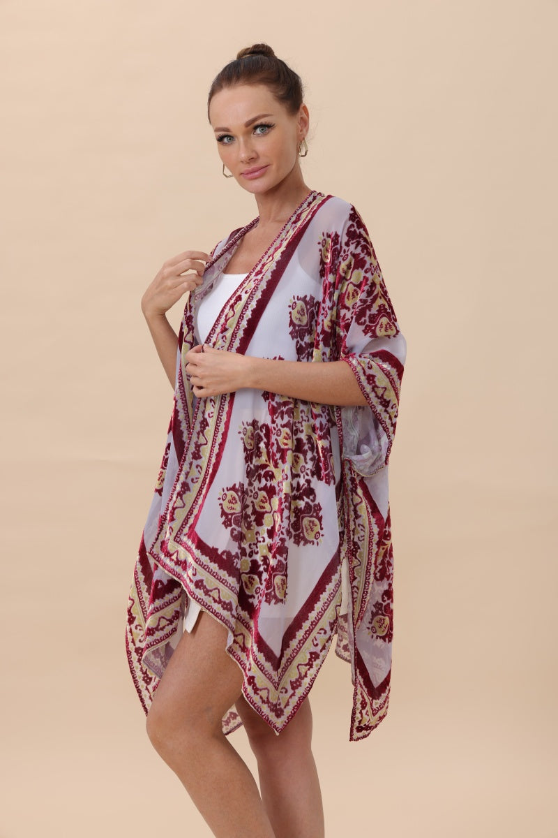 Opulent Velvet & Sheer Rose Kimono – Romantic Elegance - NeoKira Unlimited