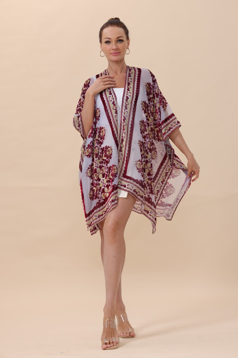 Opulent Velvet & Sheer Rose Kimono – Romantic Elegance - NeoKira Unlimited