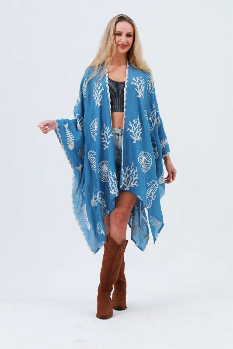 Seahorse Coral Seashell Embroidered Kimono – Ocean Breeze Cover-Up 🌊🐚 - NeoKira Unlimited