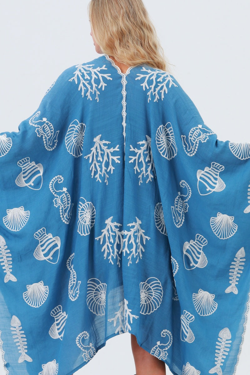 Seahorse Coral Seashell Embroidered Kimono – Ocean Breeze Cover-Up 🌊🐚 - NeoKira Unlimited
