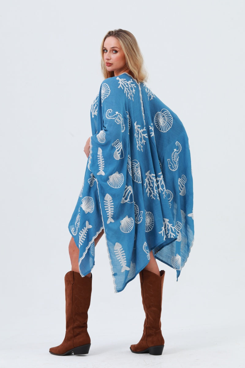 Seahorse Coral Seashell Embroidered Kimono – Ocean Breeze Cover-Up 🌊🐚 - NeoKira Unlimited