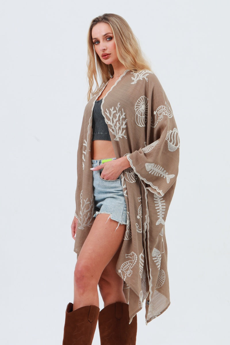 Seahorse Coral Seashell Embroidered Kimono – Ocean Breeze Cover-Up 🌊🐚 - NeoKira Unlimited