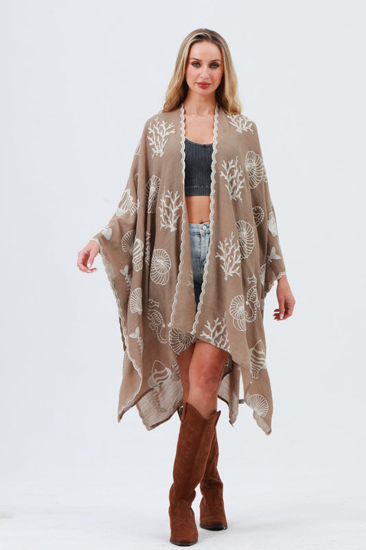 Seahorse Coral Seashell Embroidered Kimono – Ocean Breeze Cover-Up - NeoKira Unlimited