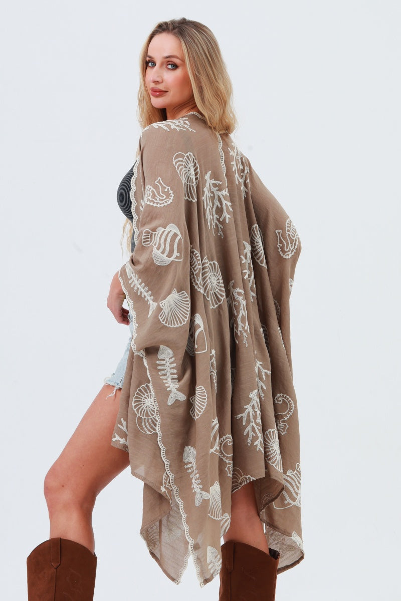 Seahorse Coral Seashell Embroidered Kimono – Ocean Breeze Cover-Up 🌊🐚 - NeoKira Unlimited