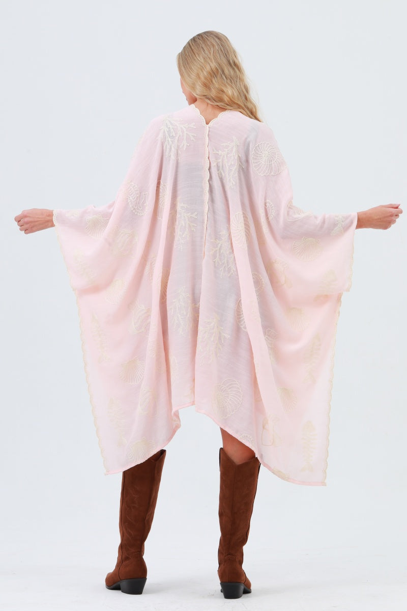 Seahorse Coral Seashell Embroidered Kimono – Ocean Breeze Cover-Up 🌊🐚 - NeoKira Unlimited